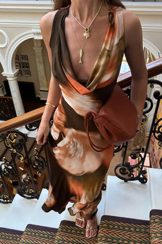 Cowl Neck Wide Strap Abstract Marble Print Satin Bodycon Maxi Dress 3