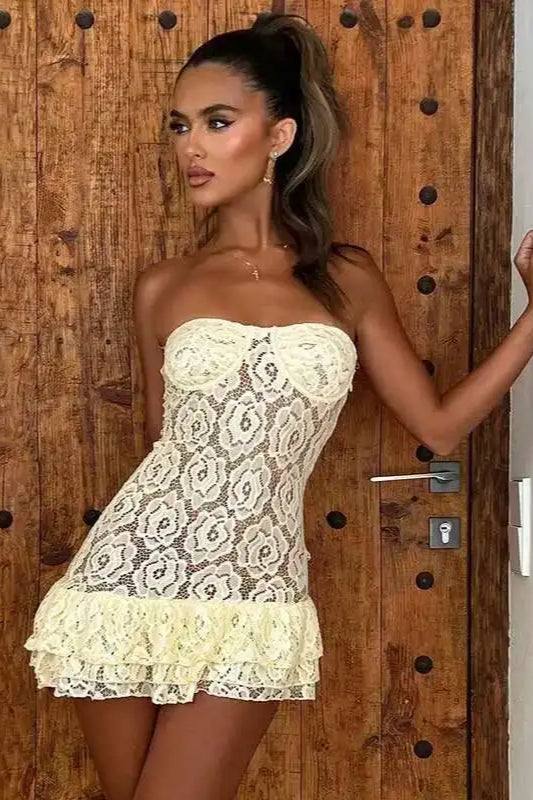 Floral Lace Strapless Corset Ruffle Trim Mini Dress 3