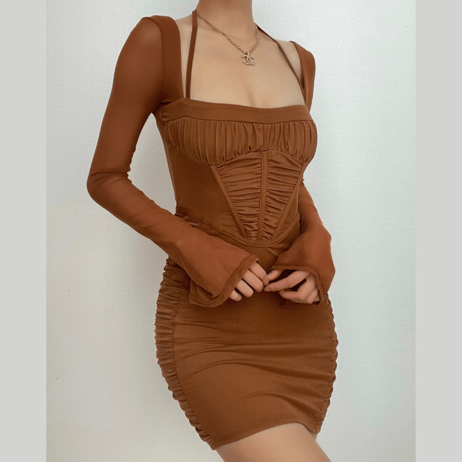 Square Neck Halter Tie Corset Bodice Bell Sleeve Side Ruched Bodycon Mini Dress