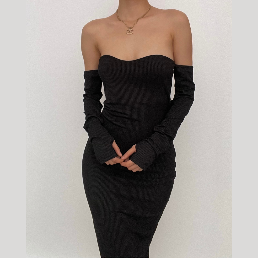 Ribbed Knit Off Shoulder Tube Thumbhole Sleeve Bodycon Maxi Dress