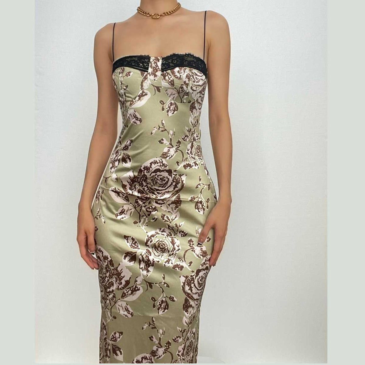 Spaghetti Strap Lace Trim Print Satin Slip Maxi Dress 3
