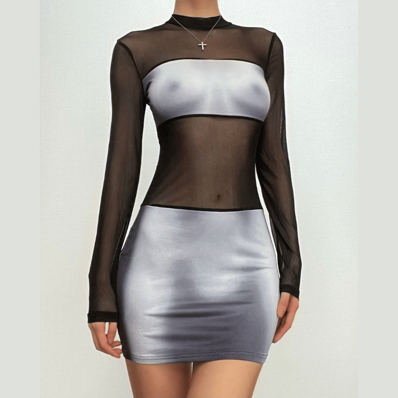 Contour Print Mesh Panel Long Sleeve Mini Dress