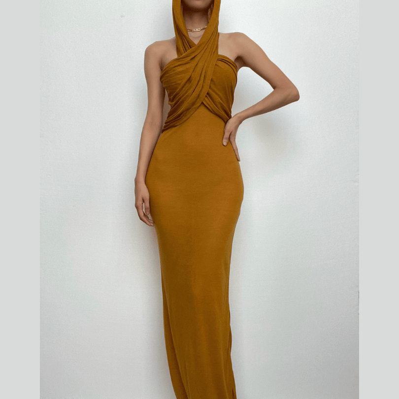 Hooded Cross Halter Ruched Sheer Overlay Bodycon Maxi Dress 4