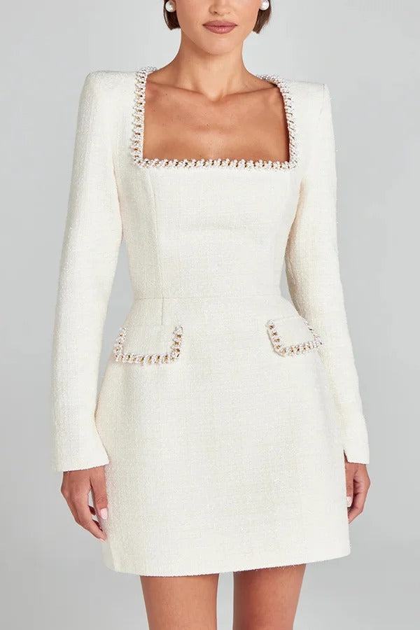 Tweed Square Neck Pearl Trim Long Sleeve Mini Dress 10