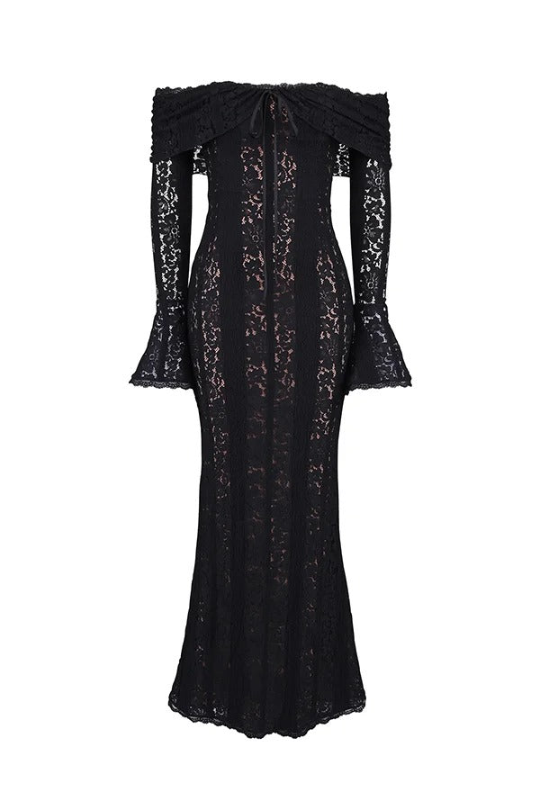 Floral Lace Off Shoulder Bell Sleeve Mermaid Maxi Dress 18