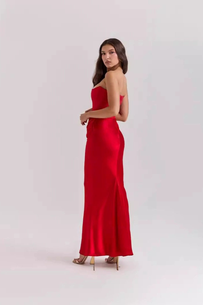Strapless Corset Pointed Neckline Ruched Hip Satin Column Maxi Gown 3
