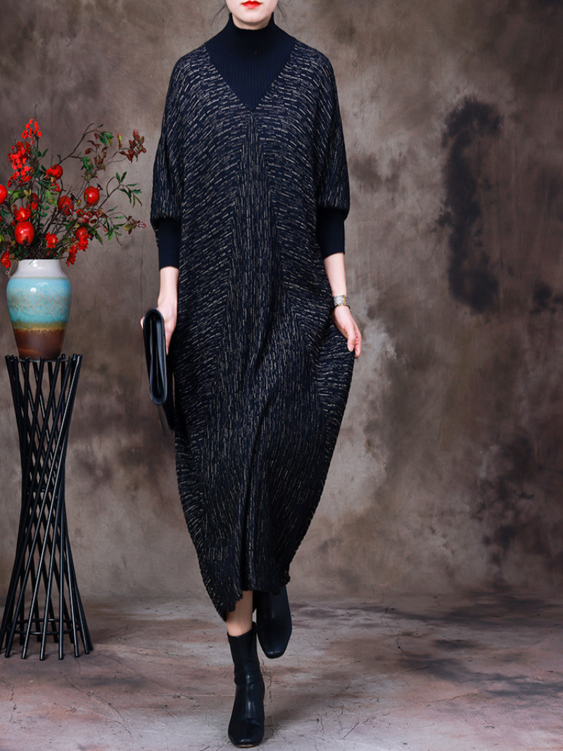 Mock Neck Batwing Sleeve Chevron Texture Rib Cuff Oversized Maxi Sweater Dress 3