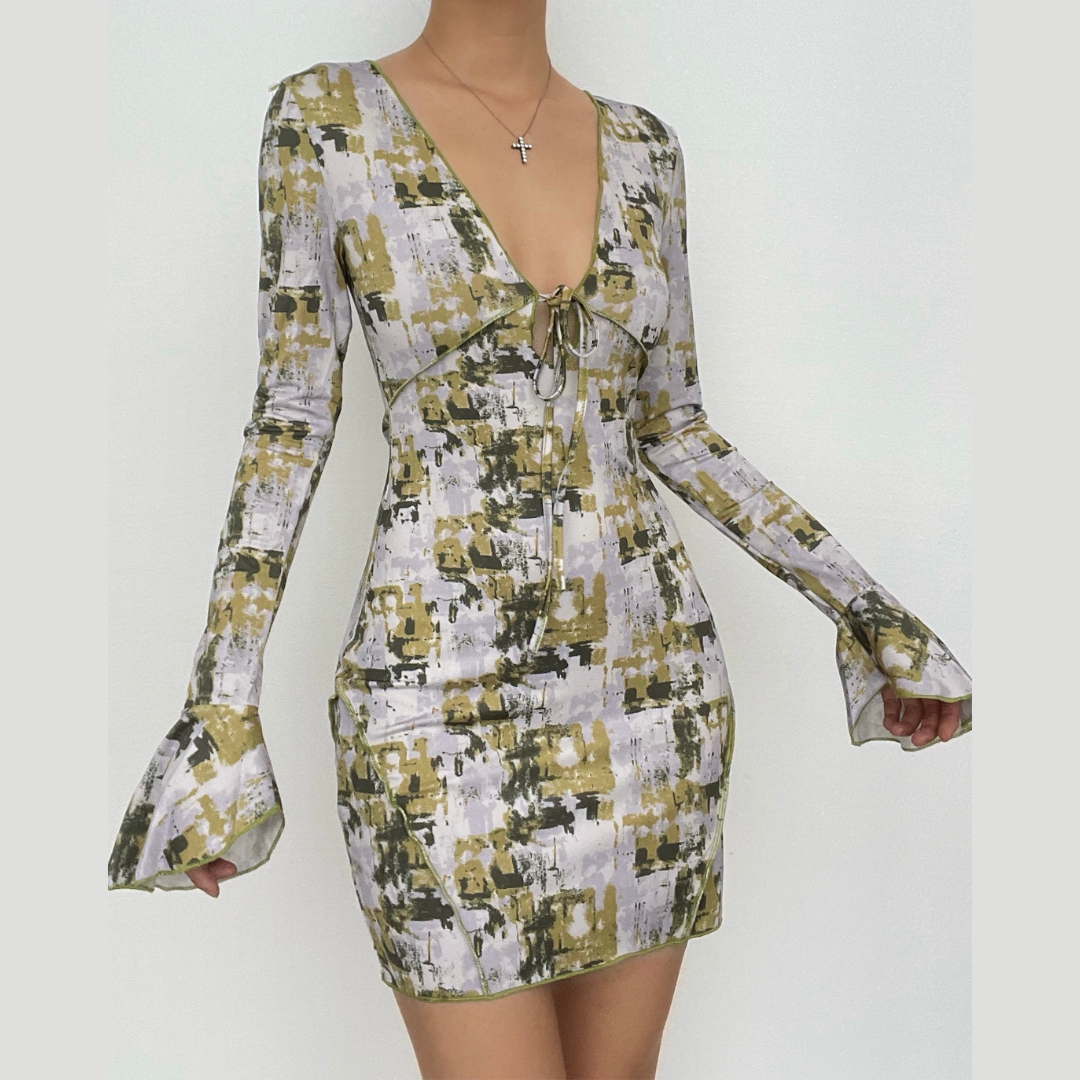 Abstract Print Deep V Tie Front Flared Sleeve Mini Dress