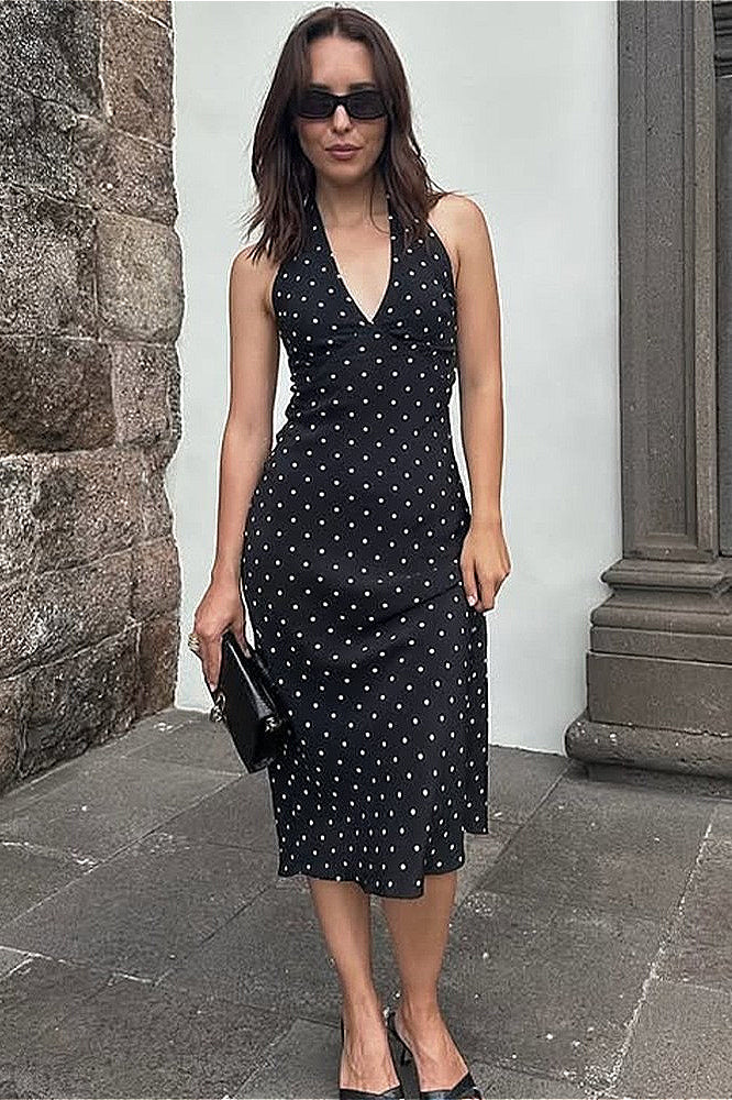 Polka Dot Halter Deep V-Neck Bodycon Midi Dress 2