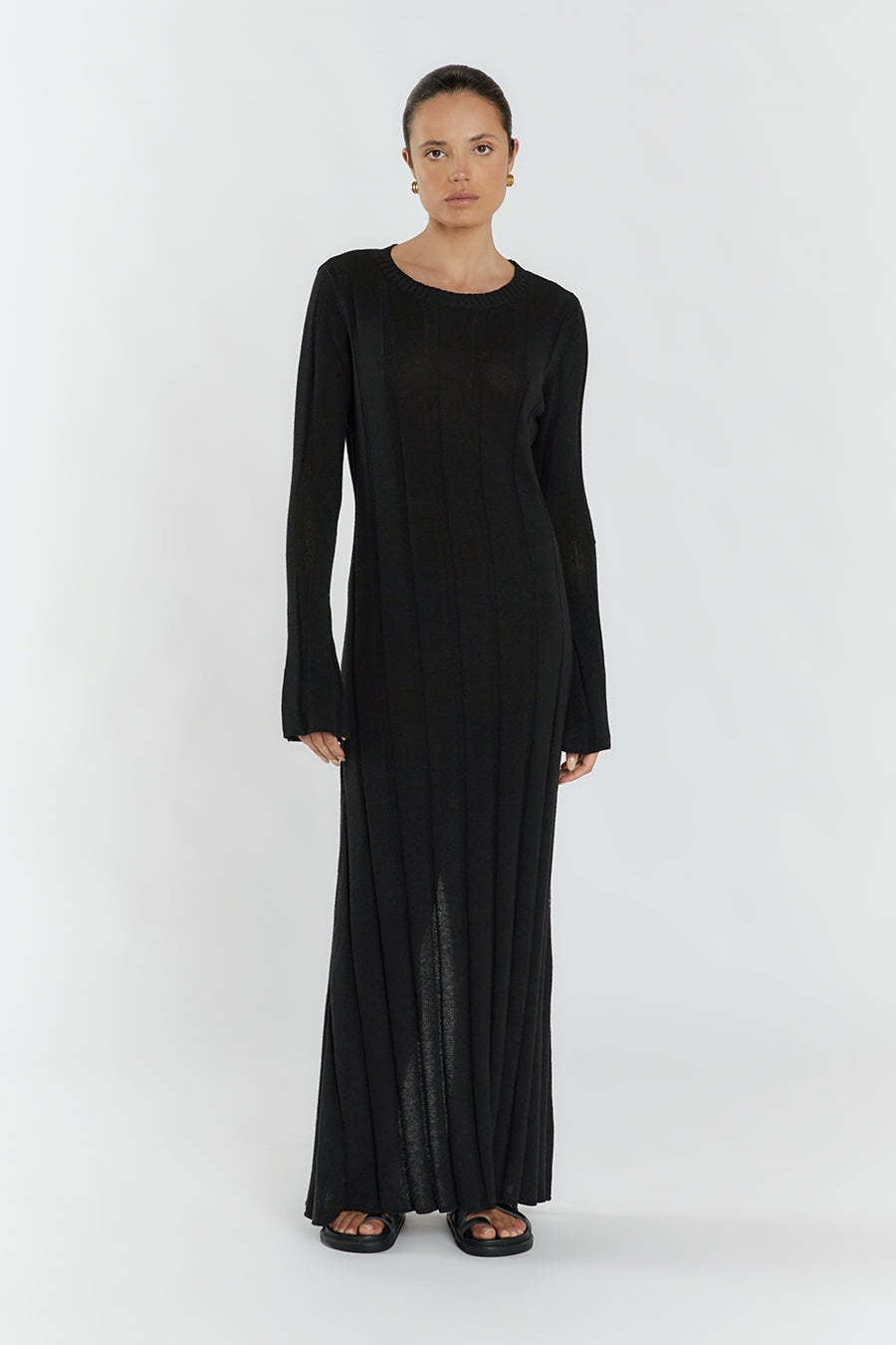 Rib Knit Long Sleeve Flare Hem Maxi Sweater Dress 5