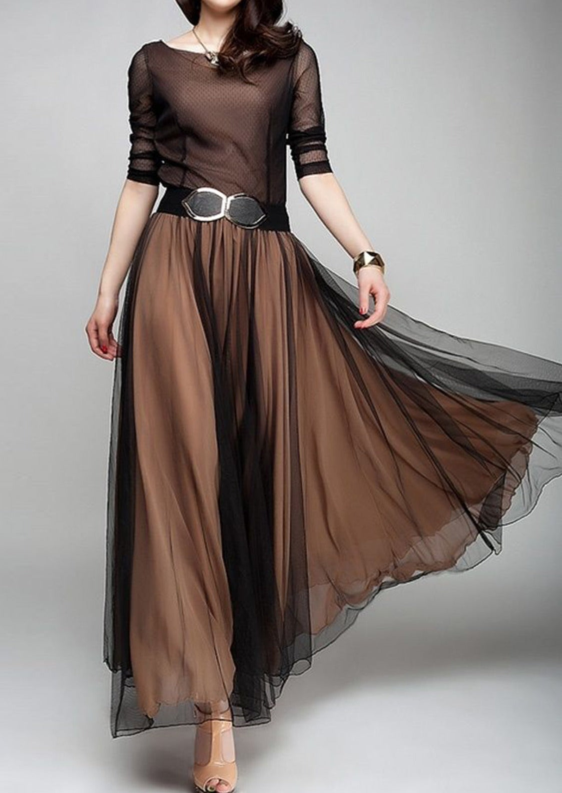 Boat Neck Sheer Mesh Overlay Double Oval Buckle Pleated Maxi Gown
