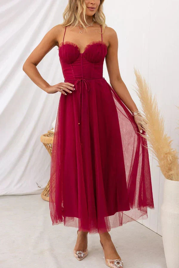 Sweetheart Neck Spaghetti Strap Corset Lace Up Tulle Skirt Midi Dress 15