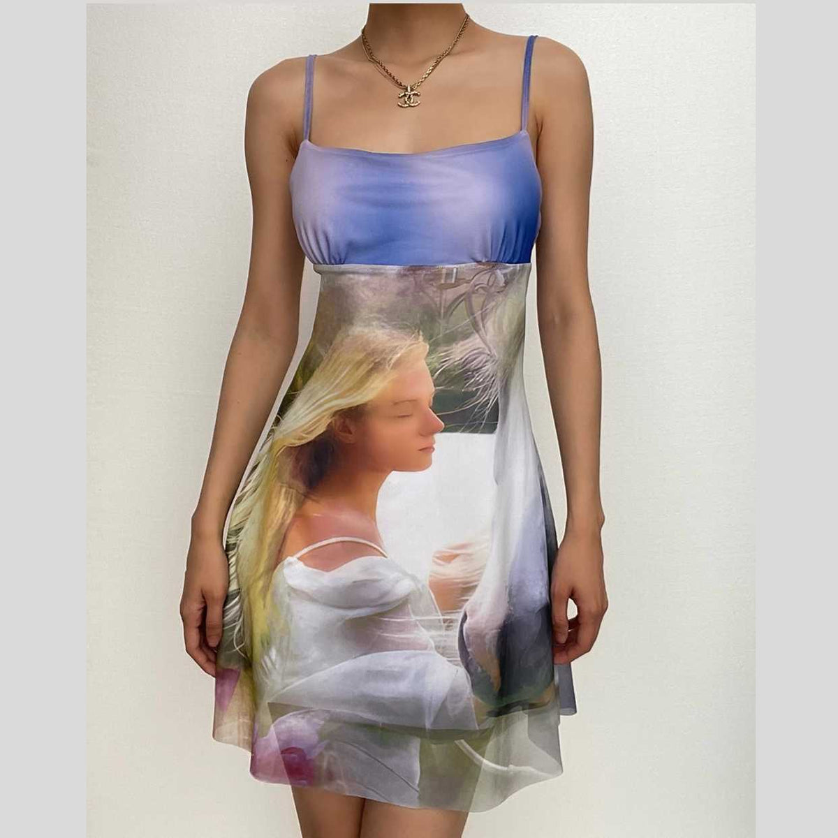 Surreal Graphic Print Spaghetti Strap Square Neck Bodycon Mini Dress
