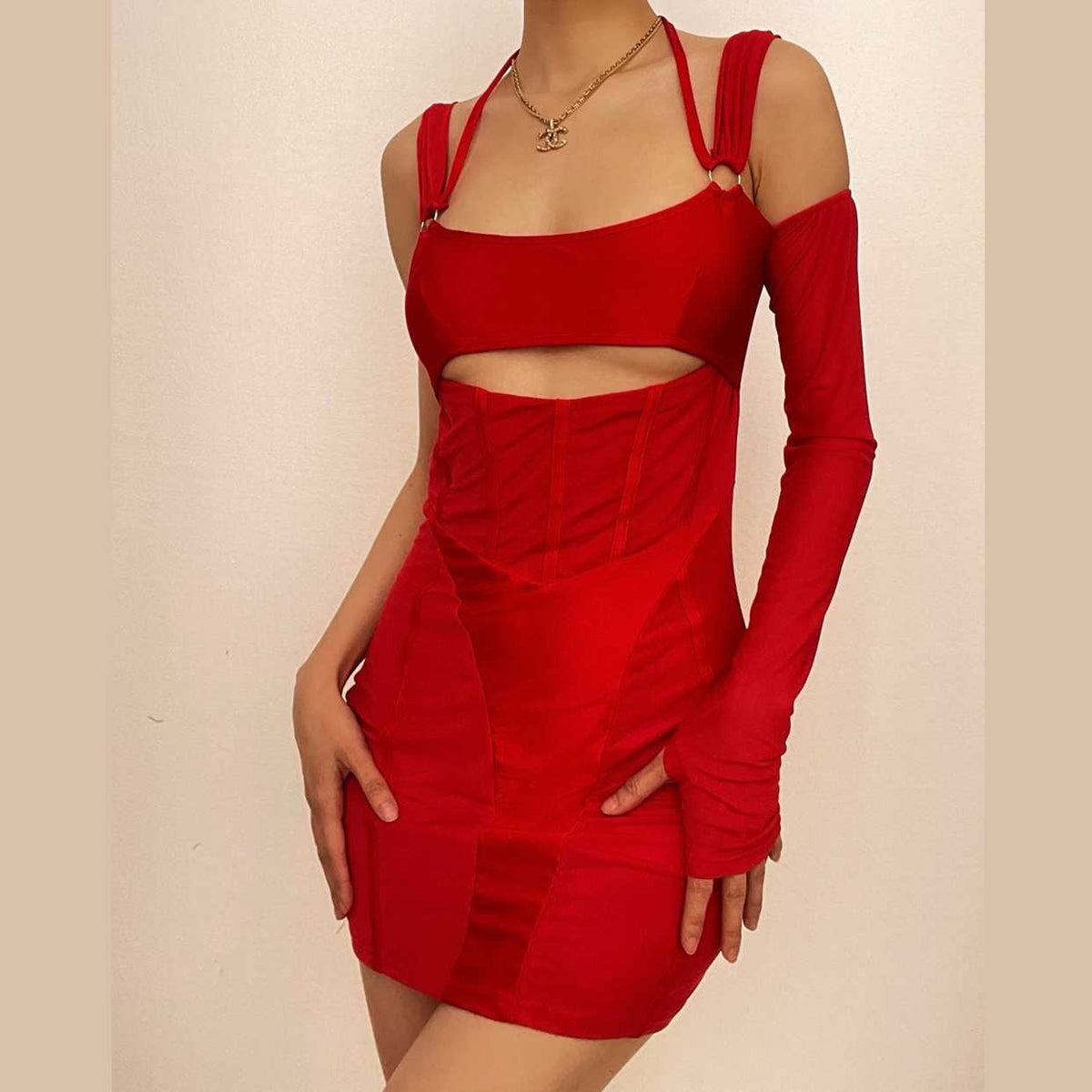 Mesh Corset Off-Shoulder Hollow Cutout Gauntlet Sleeve Halter Mini Dress