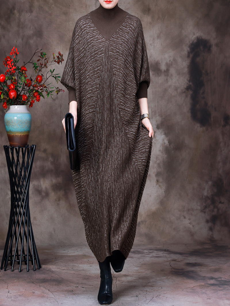 Mock Neck Batwing Sleeve Chevron Texture Rib Cuff Oversized Maxi Sweater Dress