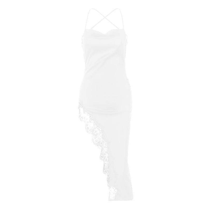 Cowl Neck Crisscross Strap Lace Trim Asymmetrical Hem Satin Midi Dress 8