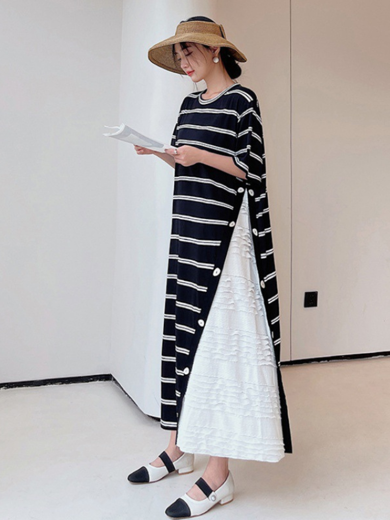 Horizontal Stripe Oversized Button Side Slit Tiered Ruffle Layered Midi Dress 2
