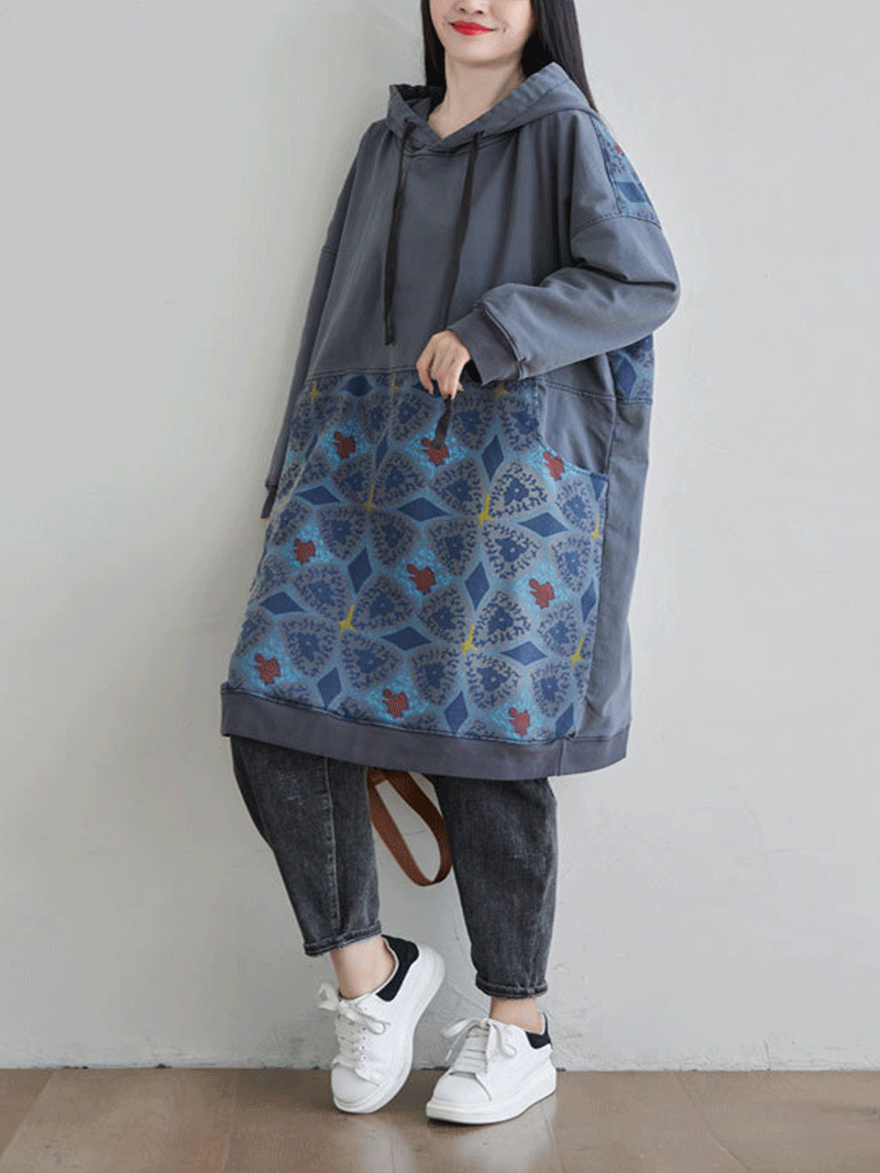 Hooded Kangaroo Pocket Geometric Print Oversized Mini Sweatshirt Dress 7