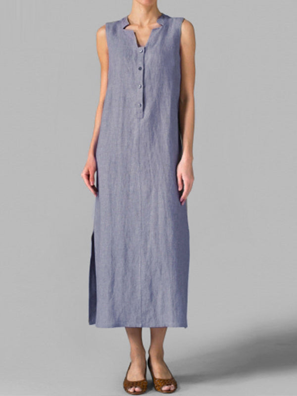 Sleeveless Notched Collar Button Front Linen Maxi Dress with Side Slits 4