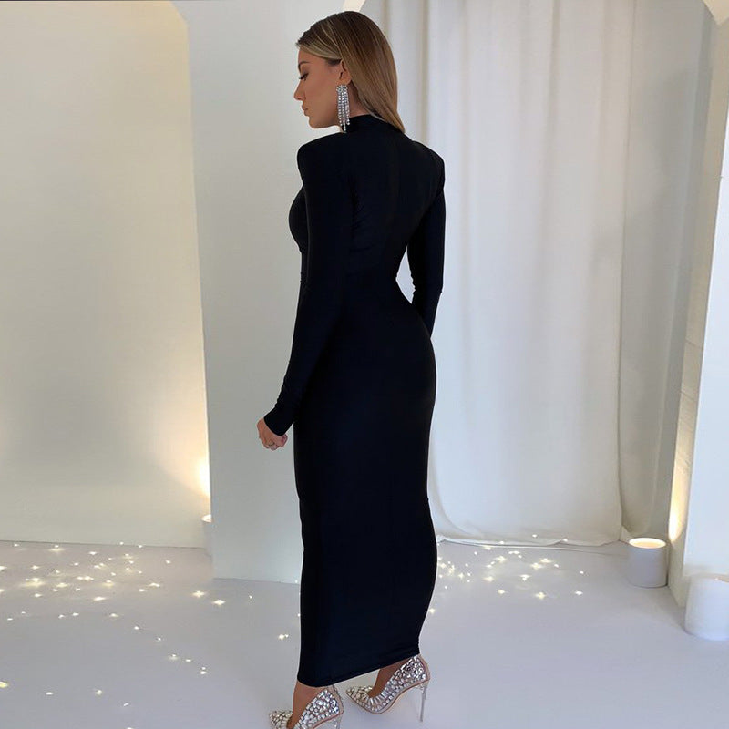Mock Neck Padded Shoulder Bodycon Long Sleeve Maxi Dress 4