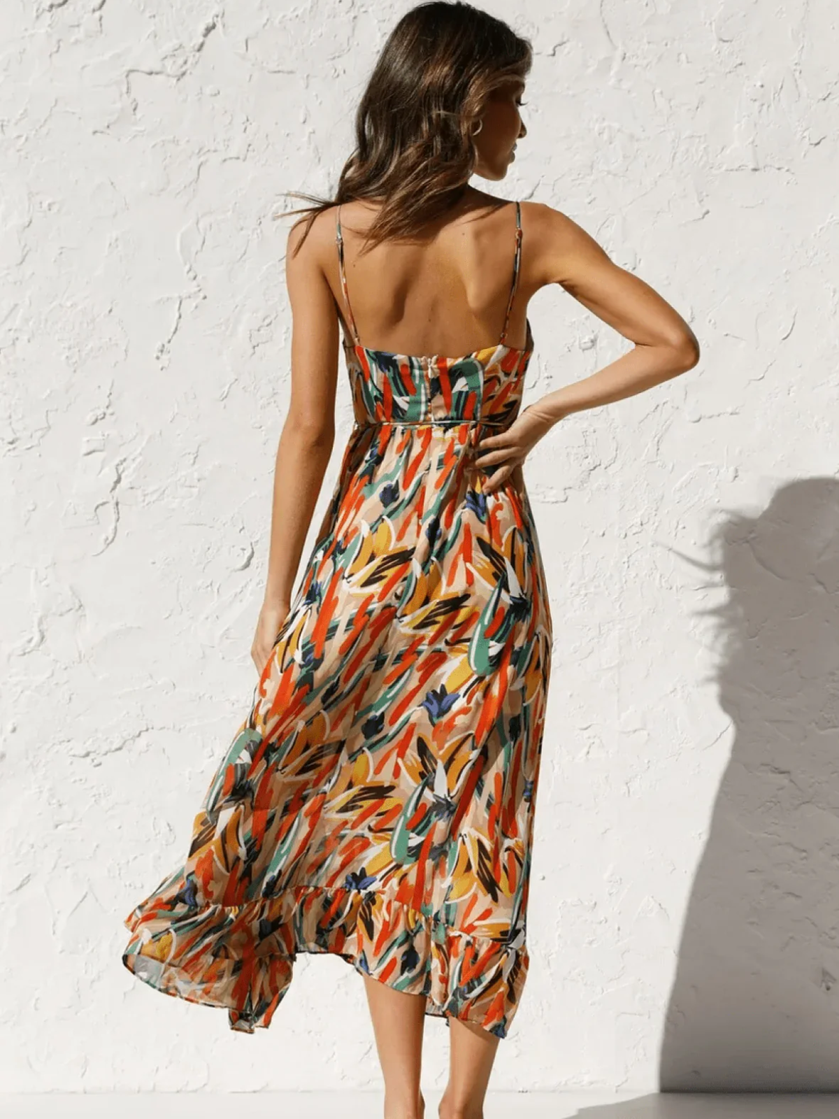 Abstract Brushstroke Print Spaghetti Strap Ruched Bust Tie Waist Midi Dress 2