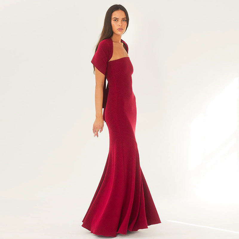 Strapless Ribbed Texture Trumpet Mermaid Matching Scarf Maxi Gown 2