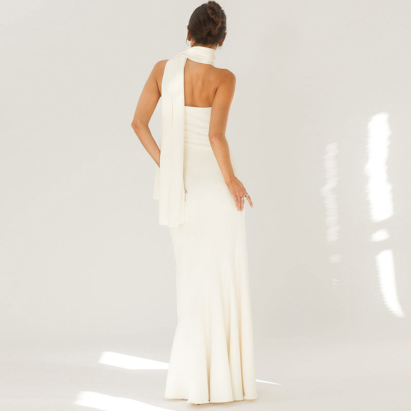 Strapless Straight Bandeau Trumpet Hem Matching Neck Scarf Maxi Gown 2