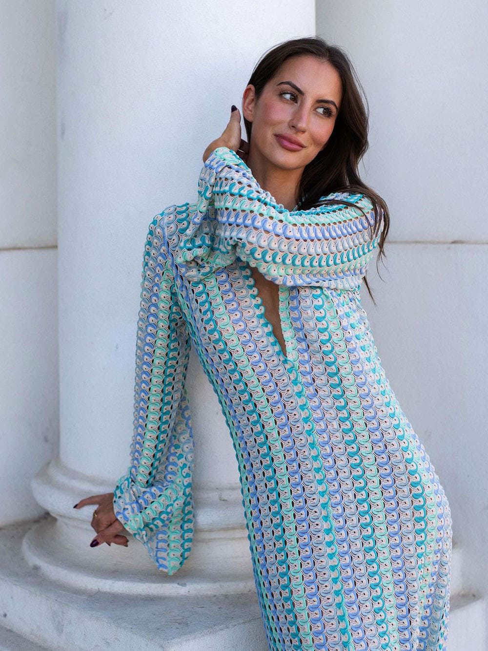 Wavy Stripe Crochet Deep V-Neck Long Sleeve Front Slit Maxi Dress 3