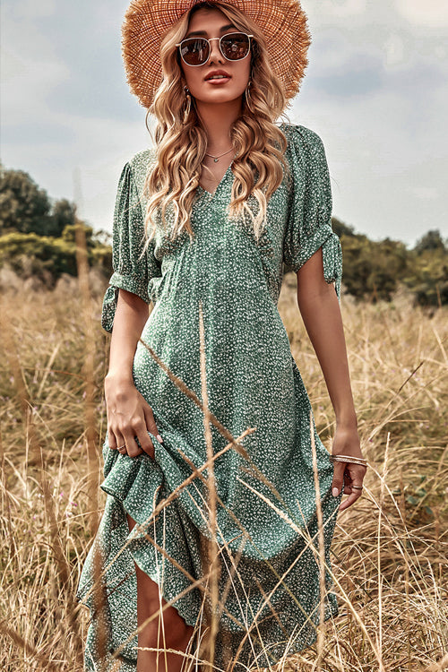 V Neck Border Print Tiered Midi Dress 2