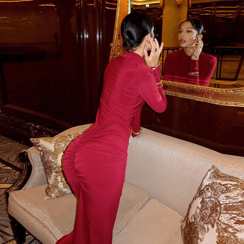 Mock Neck Long Sleeve Front Hip Knot Draped Pleated Maxi Dress 2
