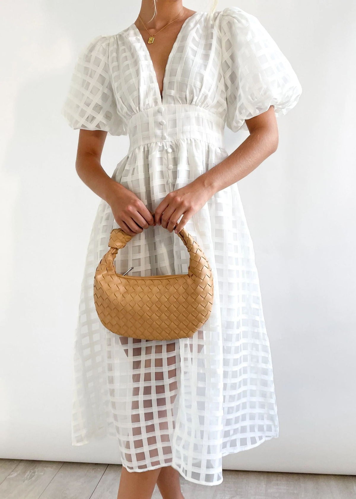 Plunge V-Neck Puff Sleeve Button Front Grid Texture Midi Dress 2