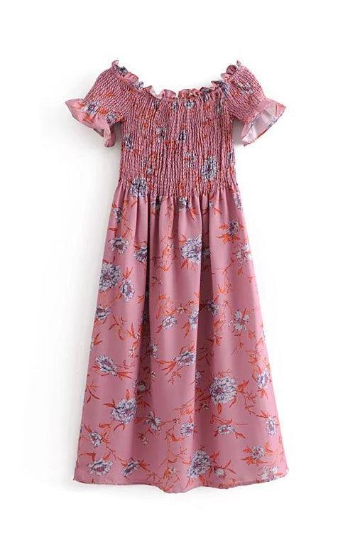 Off Shoulder Smocked Floral Ruffle Sleeve Midi Dress 2