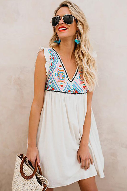 Deep V Neck Ruffle Trim Geometric Print Babydoll Mini Dress 3