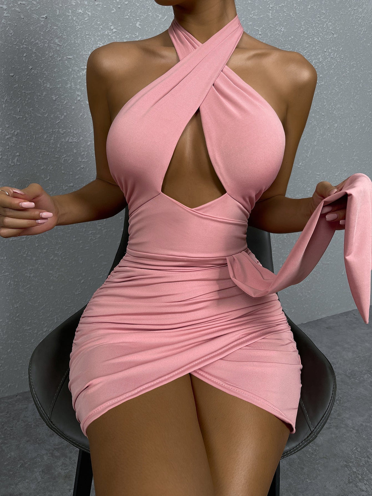 Criss Cross Halter Cutout Ruched Side Drape Mini Dress 2