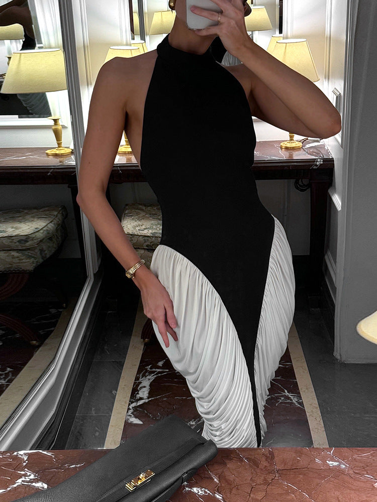 Halter Neck Contrast Panel Ruched Side Drape Midi Dress 2