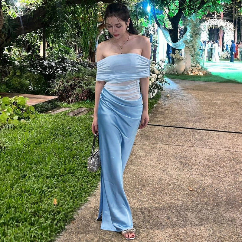 Asymmetric Off Shoulder Ruched Mesh Bodice Draped Wrap Column Maxi Gown 2