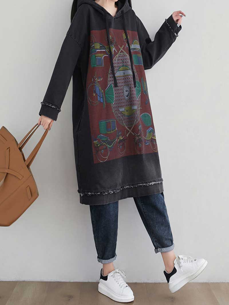 Hooded Drawstring Frayed Hem Graphic Print Oversized Sweatshirt Midi Dress 7