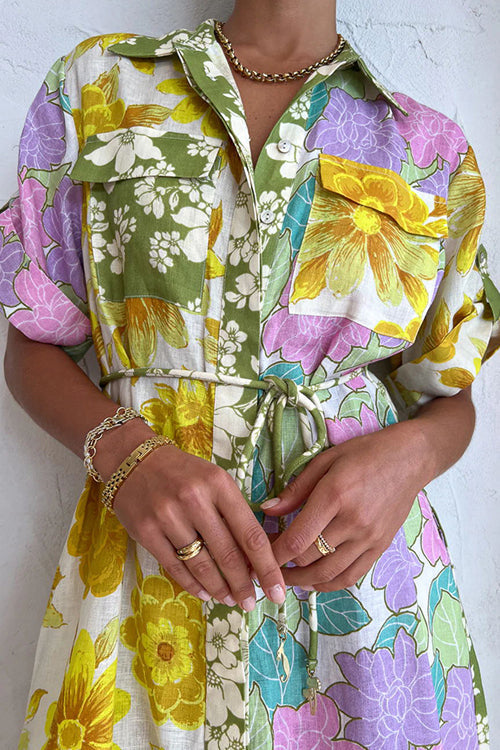 Collared Button Down Short Sleeve Drawstring Patchwork Floral Midi Shirt Dress 4