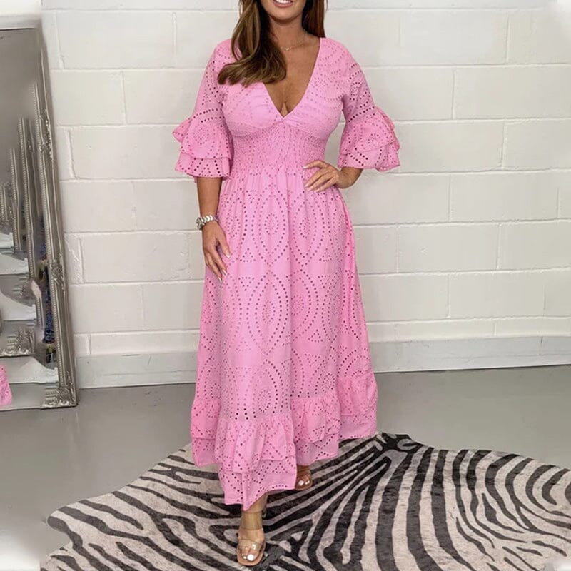 Broderie Anglaise Deep V-Neck Smocked Waist Tiered Ruffle Cuff Maxi Dress 5