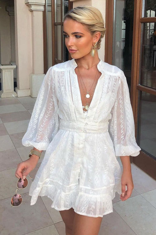 V Neck Long Sleeve Crochet Lace Button Front Belted Babydoll Mini Dress