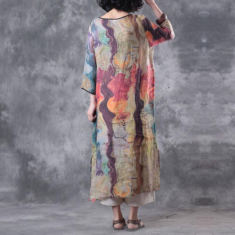 Scoop Neck Colorblock Patchwork Oversized Linen Midi Dress 4