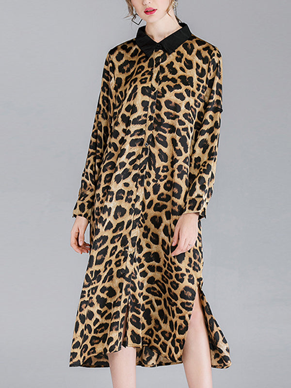 Contrasting Lapel Spotted Print Button Front High Slit Midi Shirt Dress