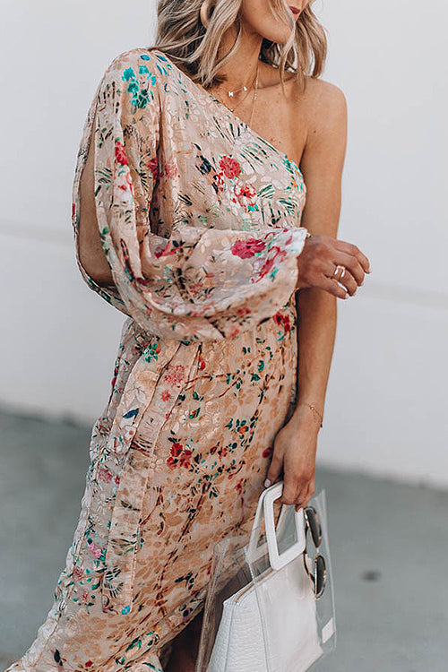One Shoulder Bishop Sleeve Tie Waist Wrap Slit Floral Print Midi Dress 4