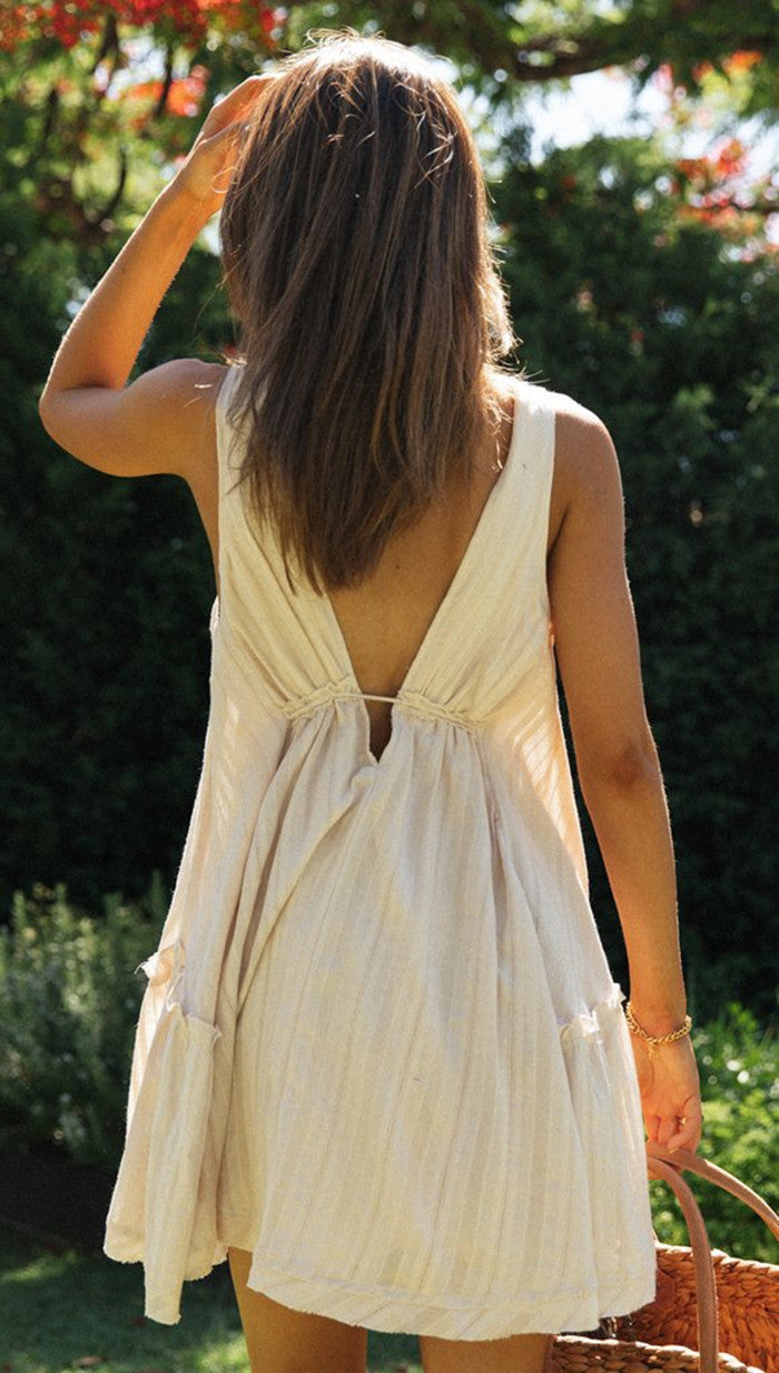 Deep V Neck Tie Front Empire Waist Rib Knit Flared Mini Dress 8