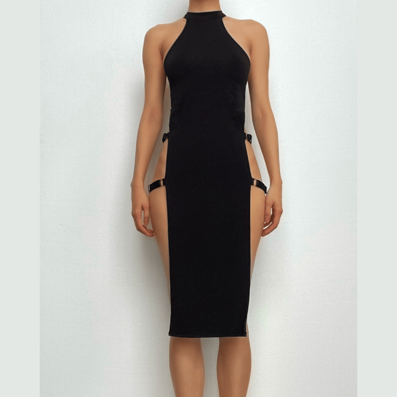 Halter Neck Ring Detail Side Cutout Strap Midi Dress 2