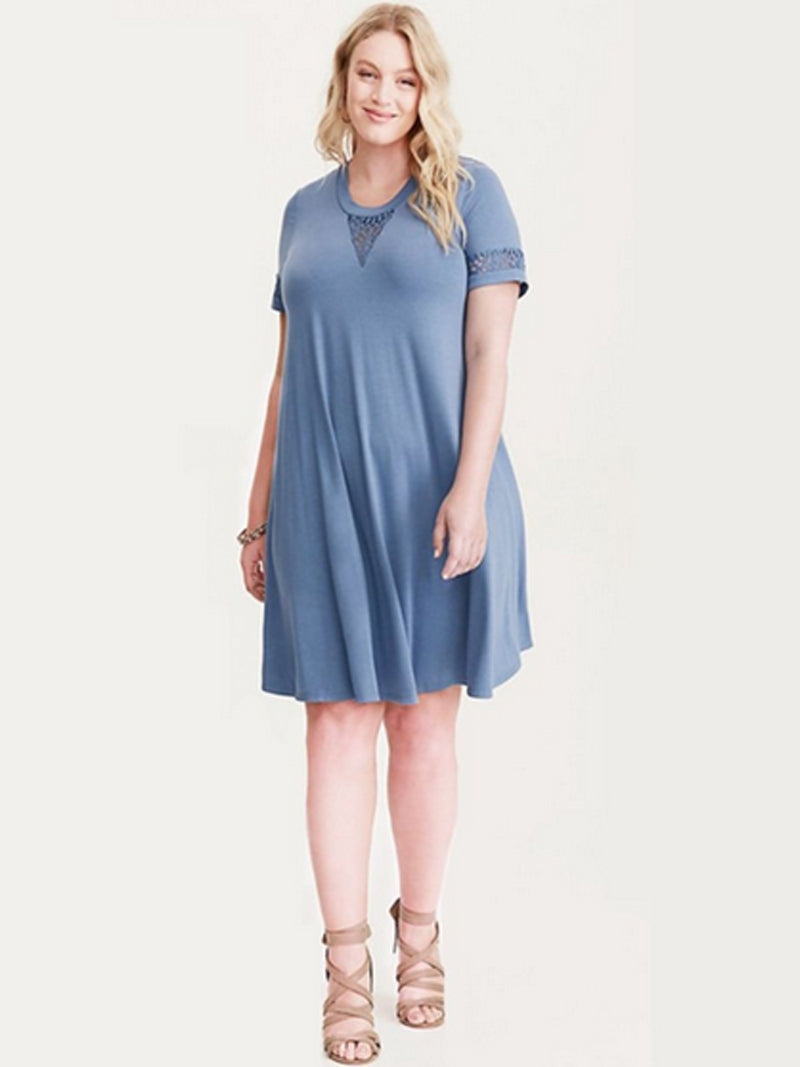 Crew Neck Lace Insert Short Sleeve Swing Midi Dress