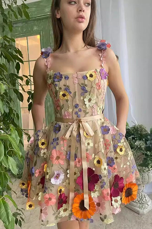 Square Neck Spaghetti Strap 3D Floral Applique Sheer Mesh Mini Dress