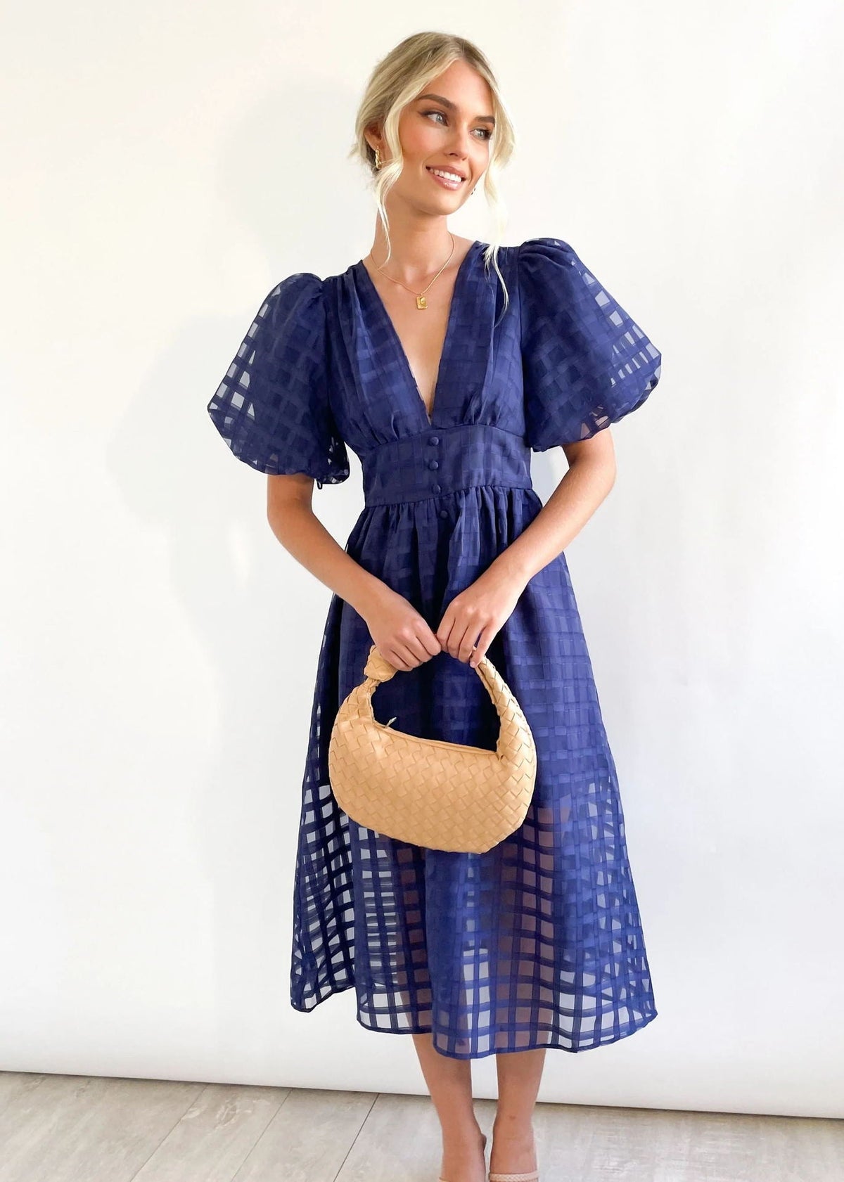 Plunge V-Neck Puff Sleeve Button Front Grid Texture Midi Dress 2