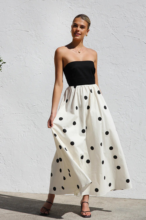 Strapless Polka Dot Gathered Waist Tiered Maxi Dress 2
