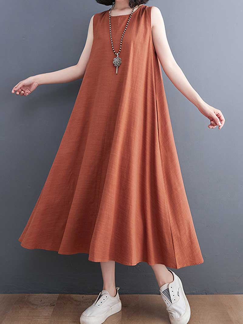 Round Neck Sleeveless Side Pocket Loose A Line Maxi Dress 6